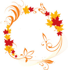 Orange and Red autumn leaves and floral circle frame