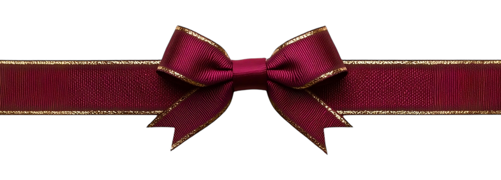 red bow ribbon with metallic gold border along the edge. png transparent background 