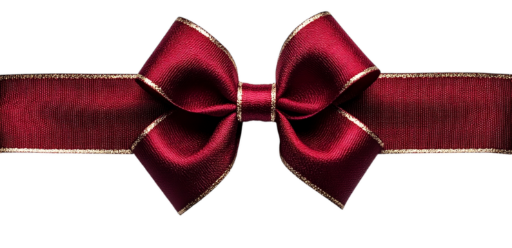 red bow ribbon with metallic gold border along the edge. png transparent background 