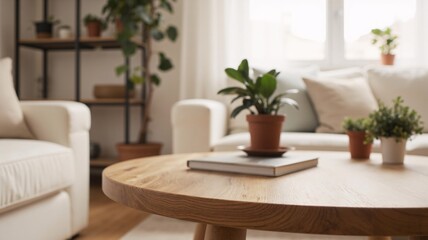 A round wooden coffee table sits in a Scandinavian-style living room featuring light furniture, open shelves, potted plants and soft natural light.