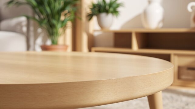 A round wooden coffee table sits in a Scandinavian-style living room featuring light furniture, open shelves, potted plants and soft natural light.