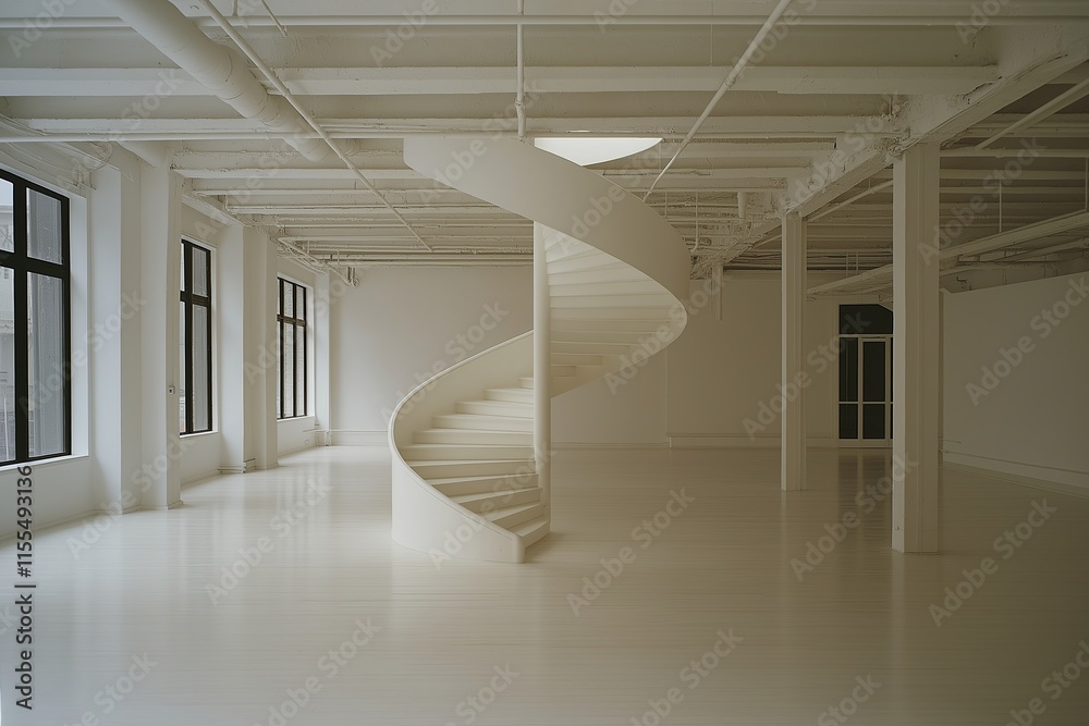 Poster a white spiral staircase in an otherwise empty room