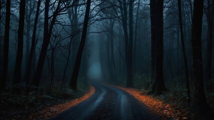 Fototapeta premium Mysterious dark forest. dark and moody forest road covered in mist. halloween night background. Horror landscape of dark forest with scary tree
