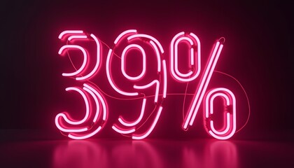 Thirty-Nine Percent Off Neon Sign: Sale, Discount, Promotion, Offer, Pink Glowing Light, Advertising, Marketing, Retail, Business, Commerce