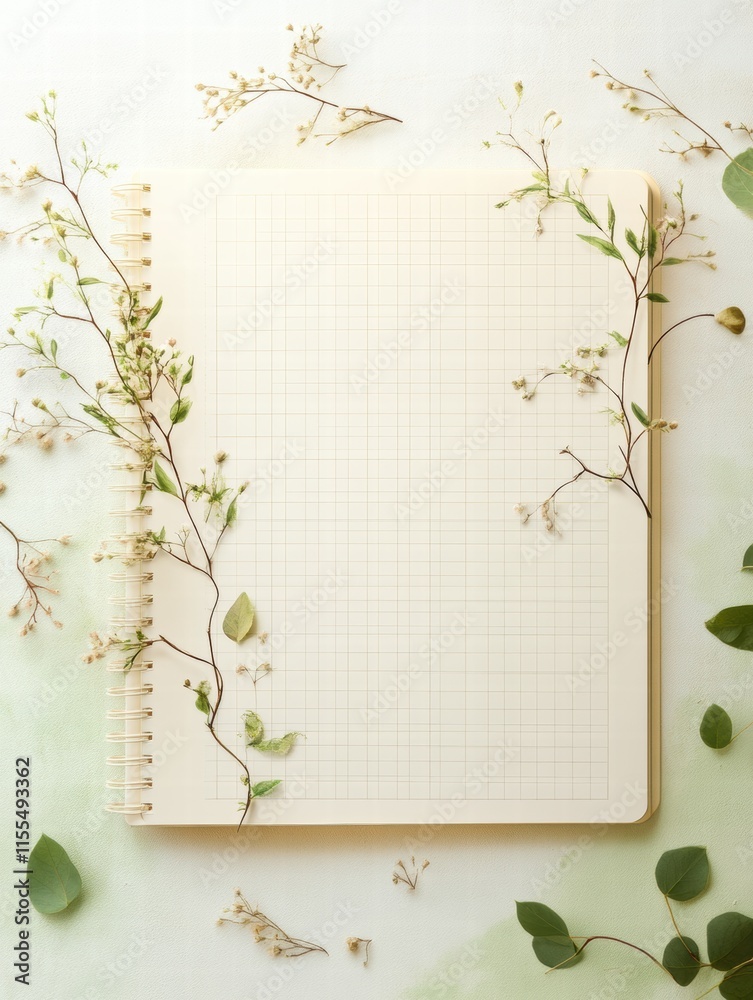 Fototapete minimalist planner layout with subtle grid lines surrounded by botanical elements for creative organ