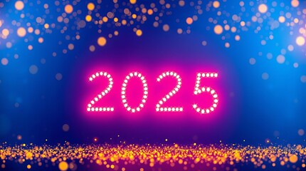 New Year's Eve Celebration 2025 in Neon Pink Lights with Glittering Gold Confetti and Blue Bokeh Background