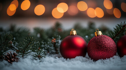 Obraz premium Festive Winter Wonderland: Red Ornaments Among the Snow