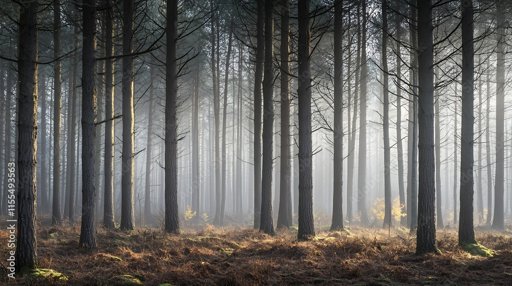 Poster mystical foggy forest with pine trees and sunlight breaking through on tranquil morning : generative