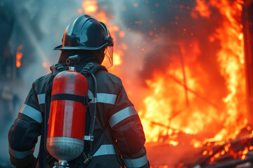 Obraz premium Firefighter stands firm against fierce flames, heroically battling destructive city blaze.