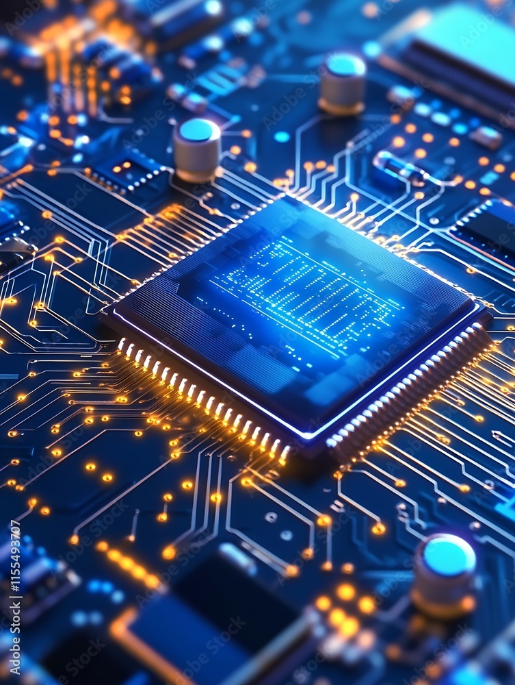 Leinwandbilder Close Up View of Advanced Microchip with Glowing Neon Elements and Circuitry for HighTech Electronic Engineering : Generative AI