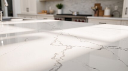 Smooth white marble countertop with delicate vein patterns under soft natural light, set in a modern kitchen with blurred white cabinets and a gray backsplash, creating a luxurious display.