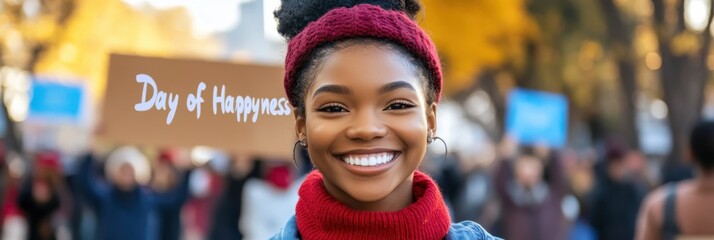 Happy multiracial people celebrating International day of happyness on city street, 20 March