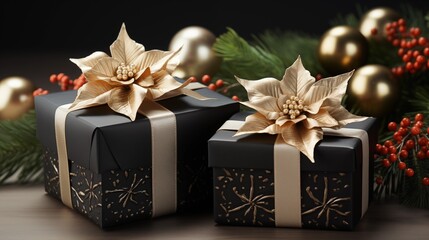 Two black gift boxes with red ribbons and poinsettia flowers.