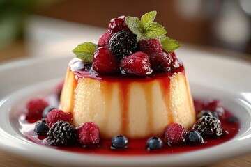 Creamy Flan Dessert with Berry Compote Fresh Raspberries Blackberries Blueberries