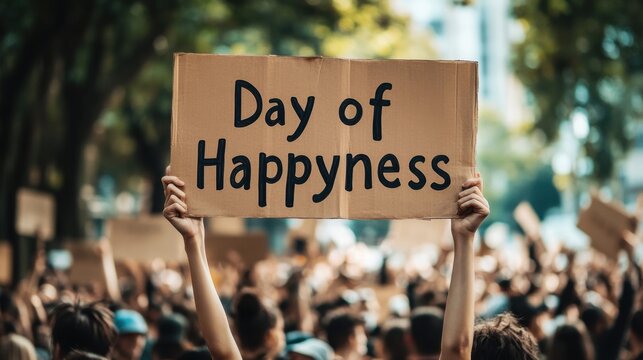 Happy multiracial people celebrating International day of happyness on city street, 20 March