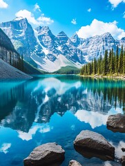 Stunning mountain landscape with crystal clear lake and rocky shores under bright skies : Generative AI