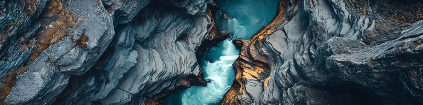 Aerial panorama of the Mistaya Canyon with dramatic rock formations carved by rushing turquoise waters. in 4K resolution