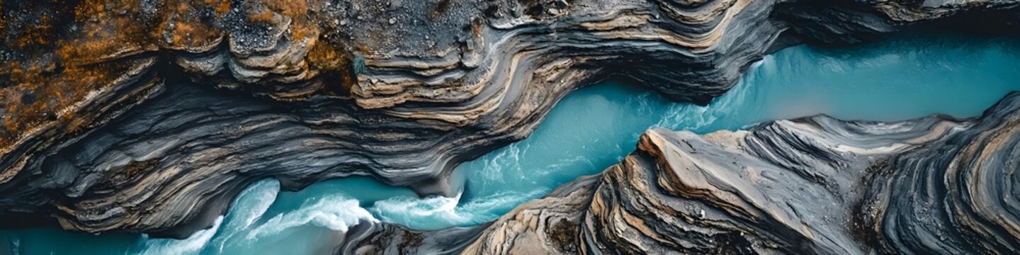 Aerial panorama of the Mistaya Canyon with dramatic rock formations carved by rushing turquoise waters. in 4K resolution