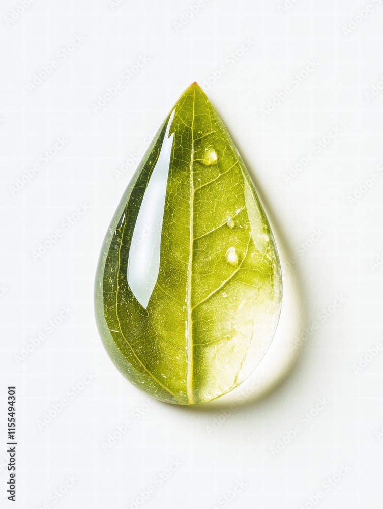 Poster perfect water droplet resting on a vibrant green leaf captured in a serene setting. generative ai