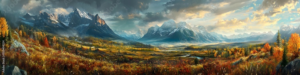 Poster panoramic view of the bow valley illuminated by golden hour light. with layers of peaks and vibrant 