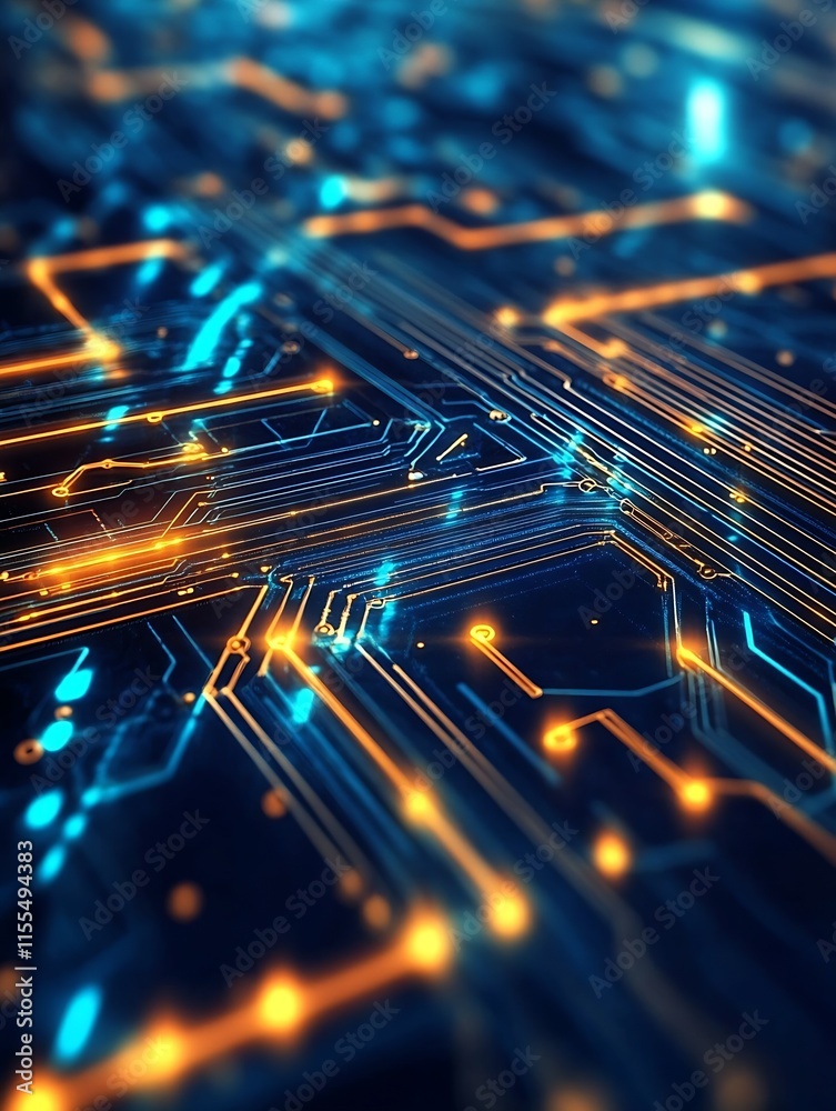 Poster futuristic circuit board with glowing lines and connections in blue and orange : generative ai