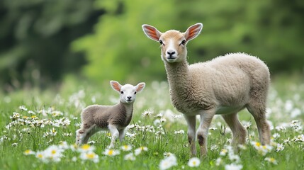 Naklejka premium Mother Lamb and Cute Baby Lamb in Breathtaking Springtime Wildflower Meadow : Generative AI