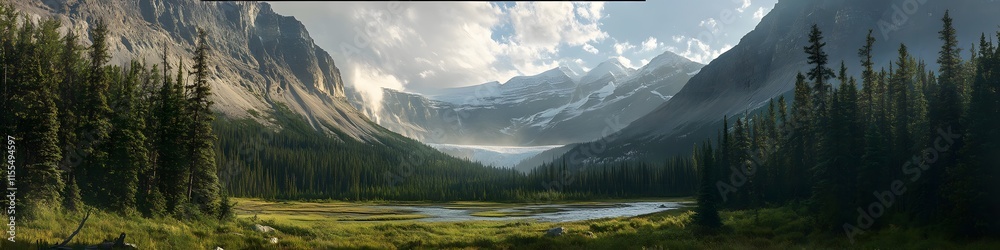 Aufkleber panoramic view of the bow glacier falls cascading into a lush alpine meadow. with dramatic cliffs gl