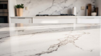 Smooth white marble countertop with delicate vein patterns under soft natural light, set in a modern kitchen with blurred white cabinets and a gray backsplash, creating a luxurious display.