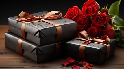 Two black gift boxes with red ribbons with a flowers.