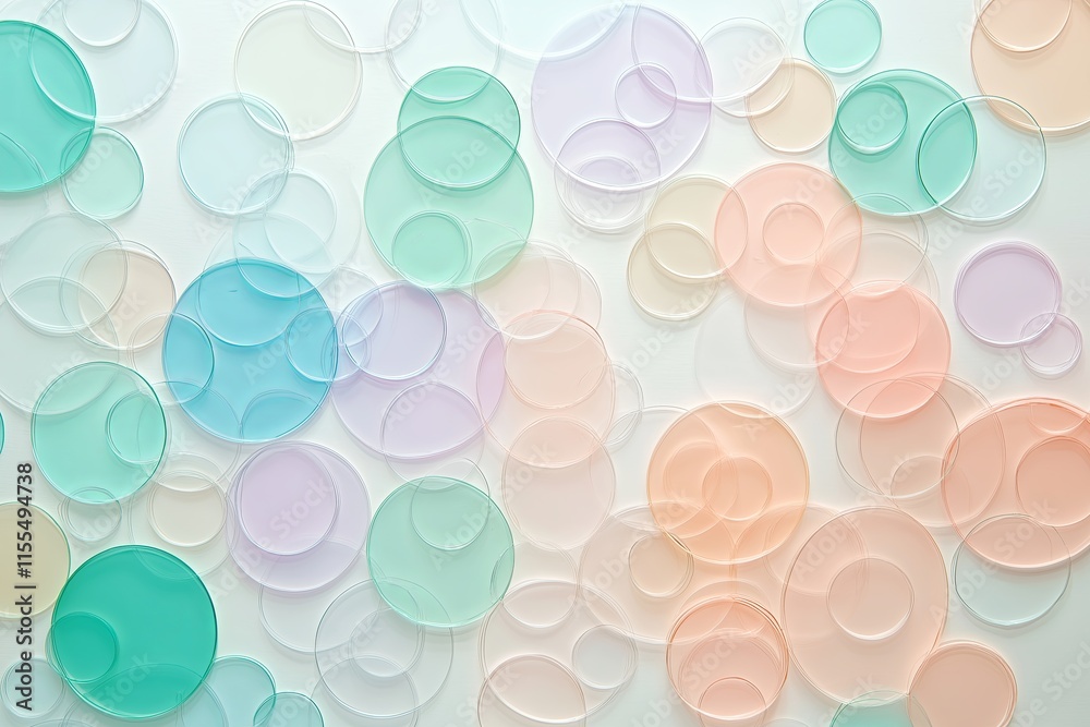 Poster overlapping translucent circles in soft pastel tones.