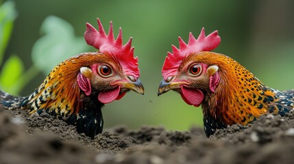 Fototapeta premium Two hens face-off in the dirt, a captivating close-up showcasing their vibrant plumage and intense gaze. The rich colors and detailed textures create a stunning visual experience.