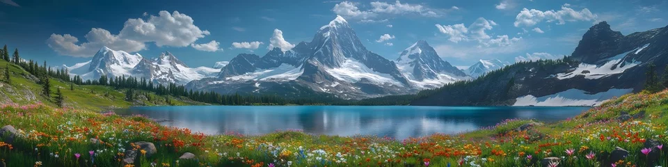 Selbstklebende Fototapeten Panoramic view of the stunning alpine landscapes of Mount Assiniboine Provincial Park. with vibrant wildflowers in the foreground. in 4K resolution © cynz