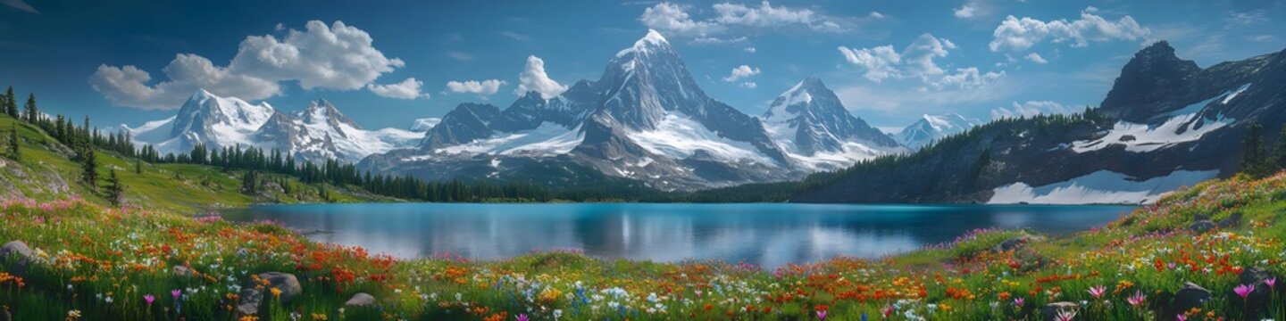 Panoramic view of the stunning alpine landscapes of Mount Assiniboine Provincial Park. with vibrant wildflowers in the foreground. in 4K resolution