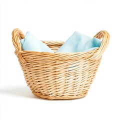 Obraz premium Woven basket with blue cloth resting inside on a plain background for decorative purposes