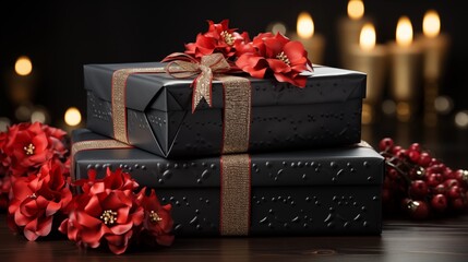 Two black gift boxes with red ribbons and poinsettia flowers.