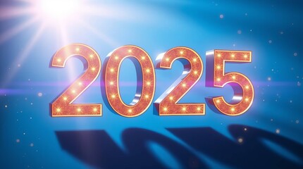 Illuminated Marquee Numbers '2025' with Glowing Orange Light Bulbs in Futuristic Blue Gradient Background for New Year Celebration