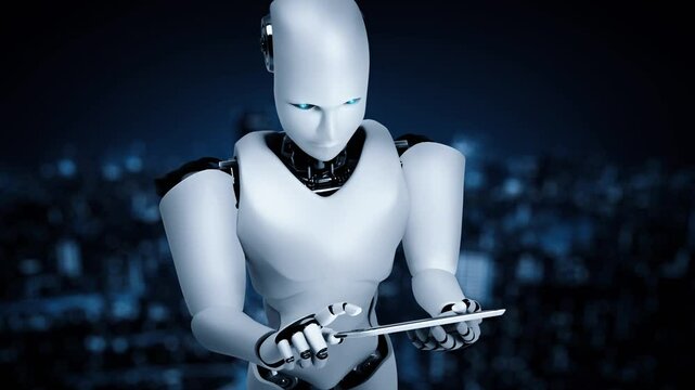 Robot hominoid using tablet computer for big data analytic using AI thinking brain , artificial intelligence and machine learning process for the 4th fourth industrial revolution . 3D rendering.