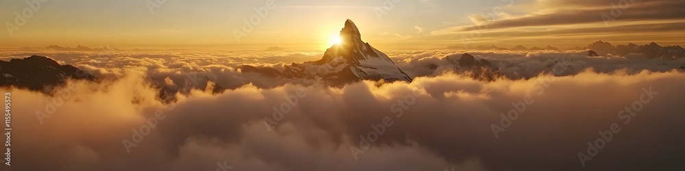 Poster aerial panorama of the matterhorn surrounded by a sea of clouds. with only the peak visible under so