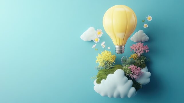 Yellow lightbulb hot air balloon floats above a miniature island with flowers and plants on fluffy clouds against a light blue background.