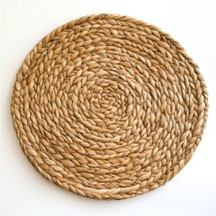 Handmade woven round placemat made from natural fibers placed on a white background
