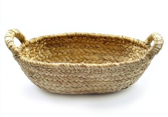 Obraz premium Crafted straw basket with handles, perfect for storage and decorative use in home interiors