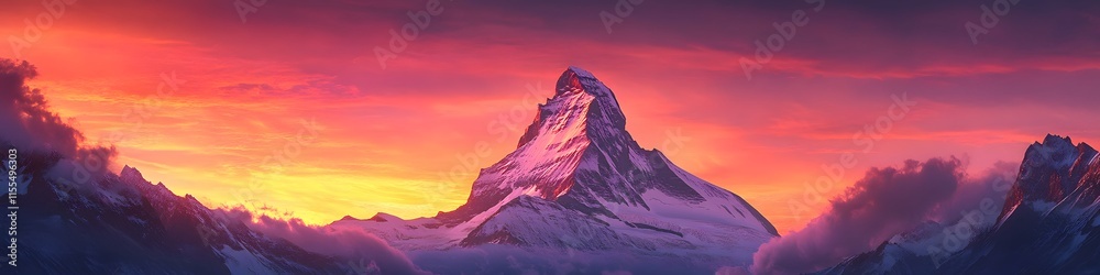 Poster panoramic view of the matterhorn under fiery sunset hues. with its sharp peak glowing dramatically a