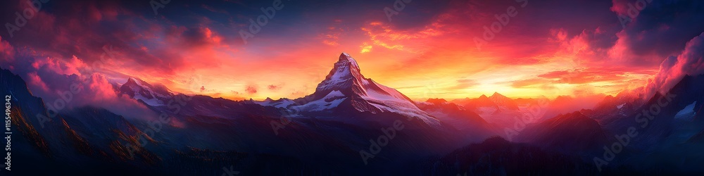 Poster panoramic view of the matterhorn under fiery sunset hues. with its sharp peak glowing dramatically a
