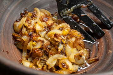 Ukrainian cuisine. vareniki with potatoes and fried pork fat and onions - cracklings. food concept