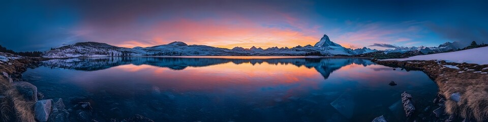Fototapeta premium Aerial panorama of the Riffelsee Lake glowing under the vibrant hues of dawn. with the Matterhorn reflected in its tranquil waters. in 4K resolution