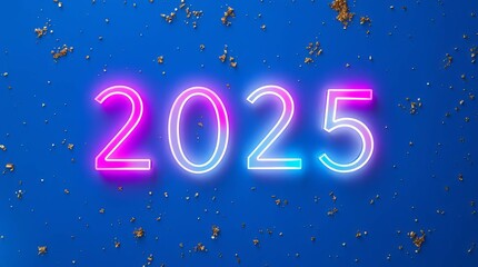 Fototapeta premium Neon Pink 2025 Numbers with Glowing Text and Vibrant Blue Background in Festive New Year's Eve Celebration