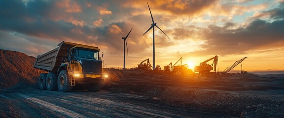 A construction site at sunset with wind turbines and heavy machinery.