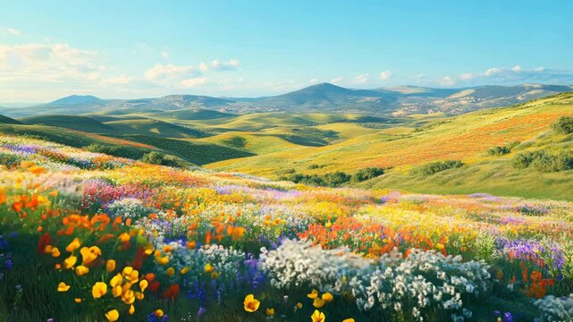 Aerial view of vibrant wildflower fields in full bloom, with a patchwork of colors stretching across rolling hills under a clear blue sky