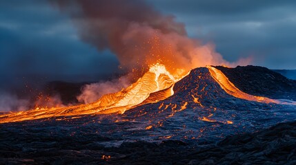 Dramatic volcanic eruption with explosive lava flow under smoky skies : Generative AI