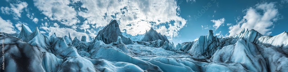 Poster panoramic view of the dramatic rock formations of the grey glacier with intricate patterns glowing u